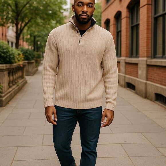 Cream Zip Up Sweater with Ribbed Knit and Mock Neck - Picture 1 of 7